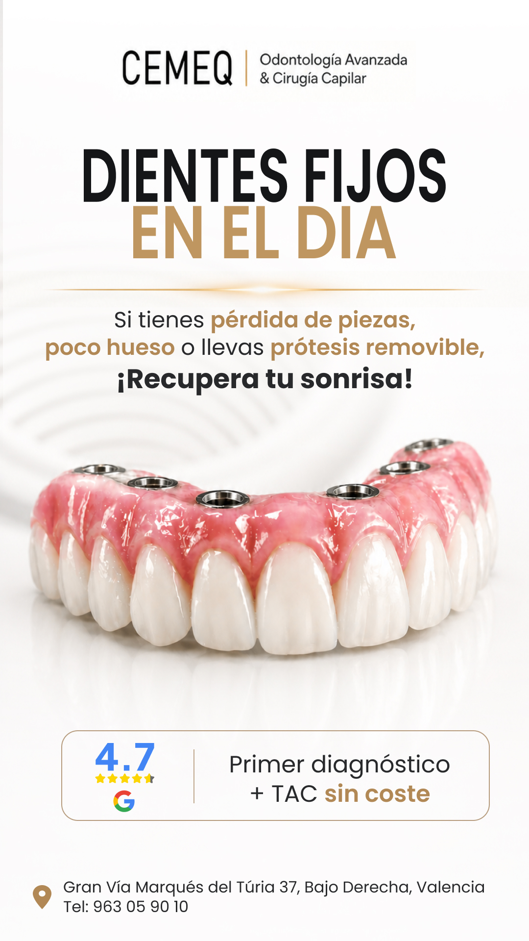 Pieza gráfica Ads CEMEQ — Dientes fijos en el día (versión clara)