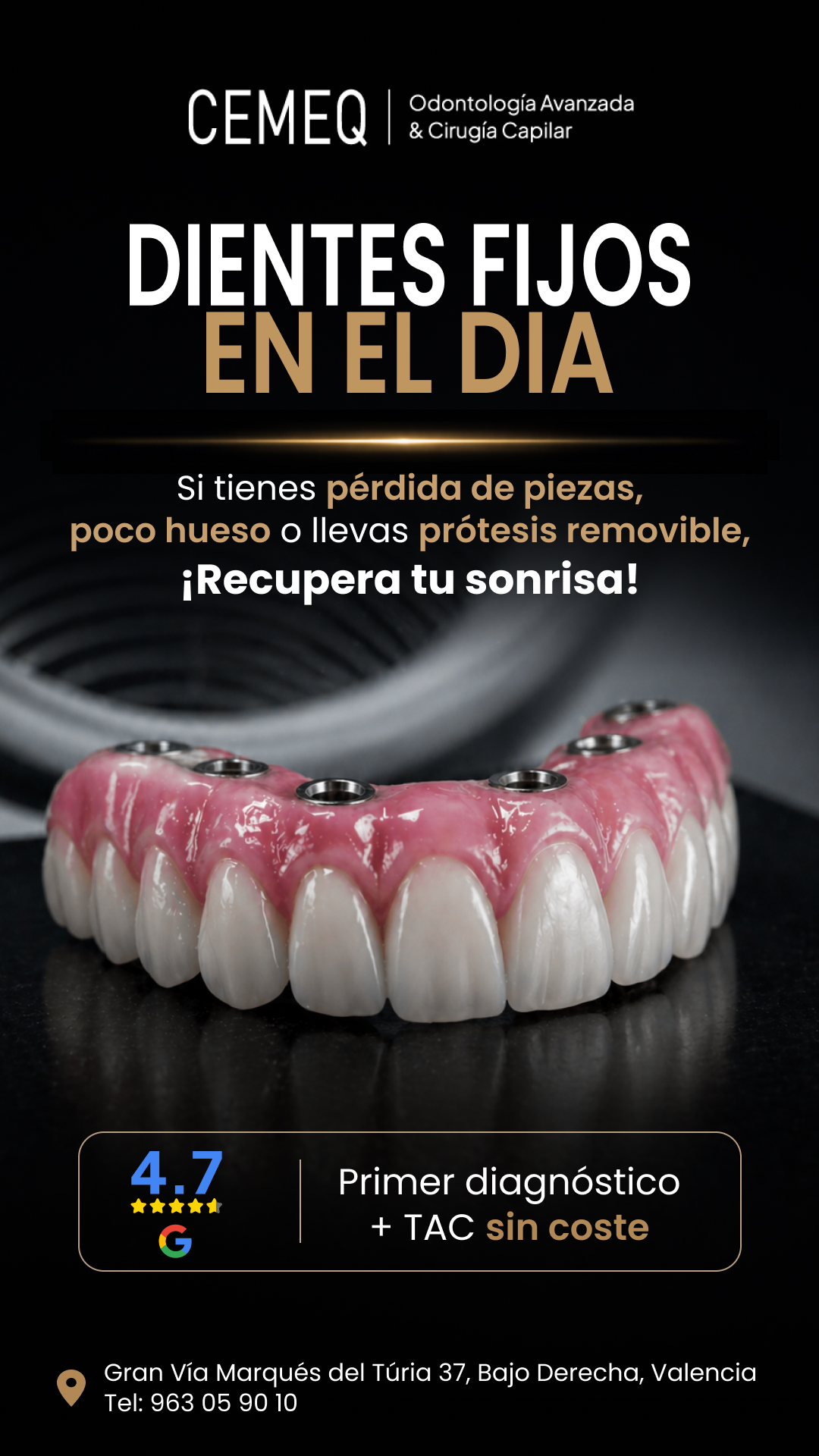 Pieza gráfica Ads CEMEQ — Dientes fijos en el día (versión oscura)